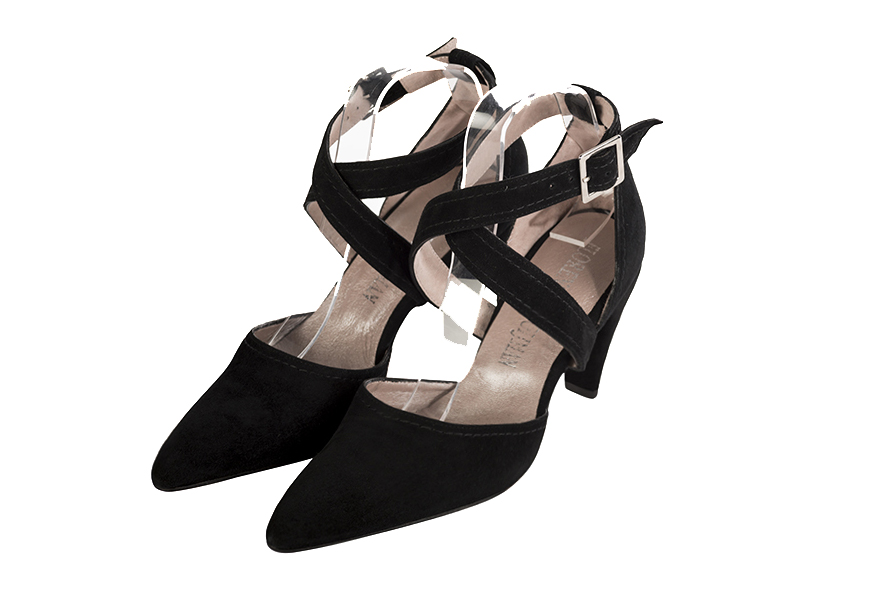 Matt black open side elegant shoes, with crossed straps. Tapered toe. High slim heel.